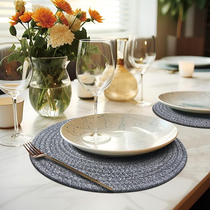 Round Placemats Set of 6, Cotton Rope Woven Table Mats, Hot Pads for Kitchen, Non Slip Heat Resistant Place Mats, 13 Inches Braided Placemat for Farmhouse Decor and Kitchen Table Decor (Gray)