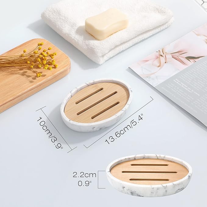 Luxspire Soap Dish Tray, Resin Soap Dish, Bamboo Soap Bar Holder Box for Shower Kitchen Sink, Double Layer Draining Soap Container Box, Wood Case, Bathroom Marble Pattern Tray, Gravel White
