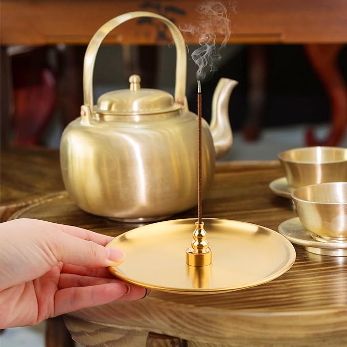 3 in 1 Incense Burner 5.5 Inch Brass Incense Holder for Sticks & Coil Incense Cones - Metal Gourd Shaped Ash Catcher for Meditation Yoga Room Home Decor Indoor Outdoor Use