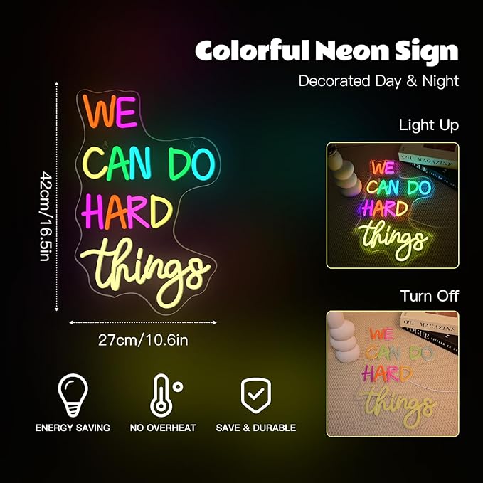 We Can Do Hard Things Neon Sign Classroom Led Neon Light Kids Wall Art Decor for Bedroom Library Office Postive Inspirational Children Students Birthday Gifts