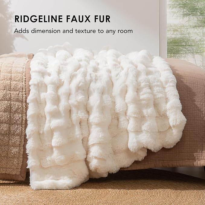 EVERGRACE Ultra Soft Luxury Fluffy Ridgeline Faux Rabbit Fur Throw Blanket, Thick Warm Bubble Throw for Bed, Cozy Plush Reversible Blankets for Couch, Chair, Sofa, Ivory White, 80x90 Inches, 870 GSM