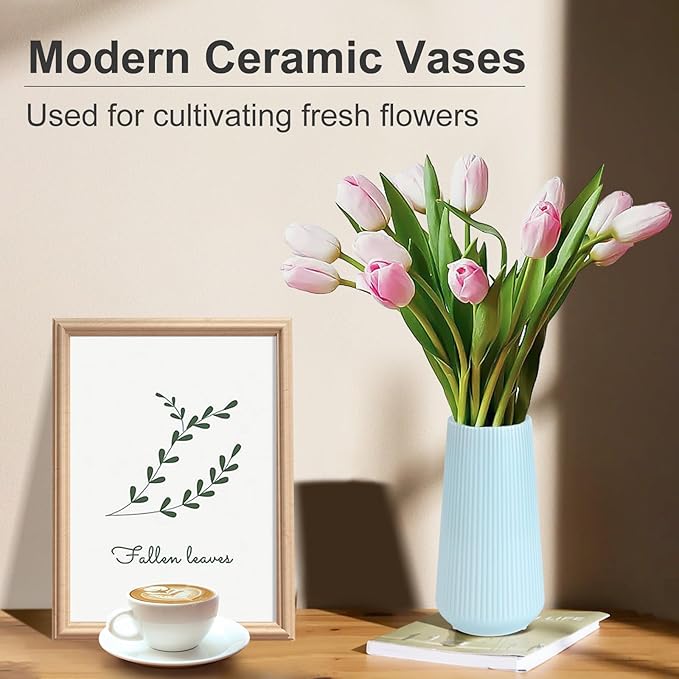 Blue Ceramic Vase, GUKJOB Small Cute Flower Vase for Pampas Grass, Home, Living Room, Dining Table, Farmhouse, Office Decor, Bedroom, Table, and Kitchen Shelf (Blue)