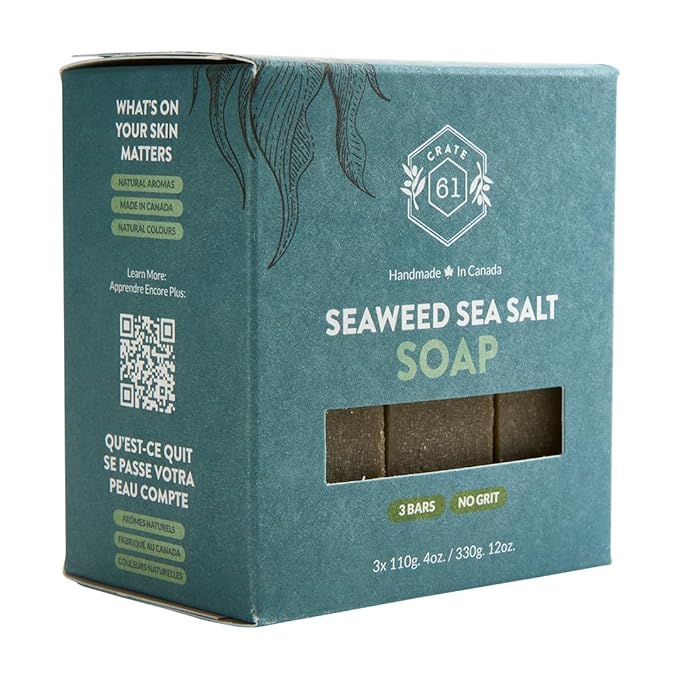 Handmade in Canada, Plant Based Cold Process Natural Bar Soap For Face & Body, With Premium Essential Oils, For Men And Women 3 Pack (Seaweed and Sea Salt)