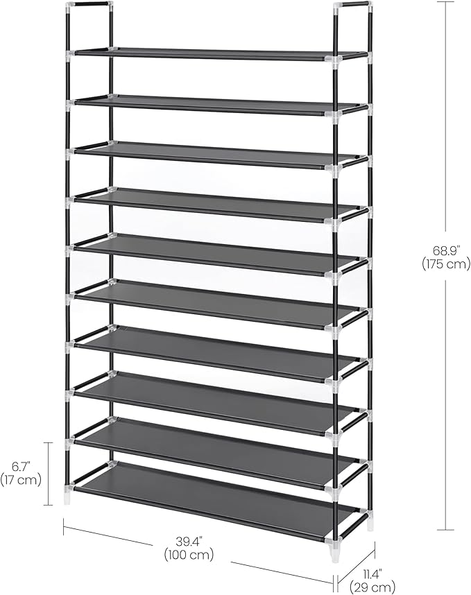 SONGMICS 10-Tier Shoe Rack, Shoe Storage for Hallway Closet, Slim and Space-Saving, Metal Frame, Non-Woven Fabric Shelves, Black ULSH11H