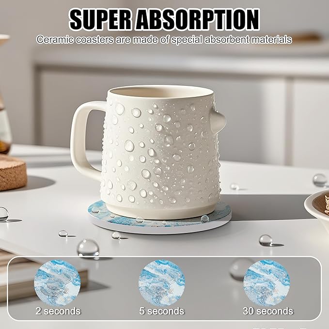 Coasters for Drinks Set of 4, Absorbent Mountainous Region Marble Style with Metal Golden Holder, Ceramic Coaster Set Cup Mat for Home Decor, Bar, Kitchen, Party