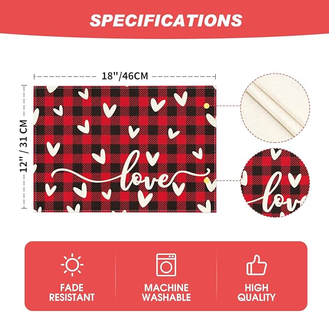 Artoid Mode Black Red Buffalo Plaid Love Valentine Placemats Set of 4, 12x18 Inch Seasonal Anniversary Holiday Table Mats for Party Kitchen Dining Decoration