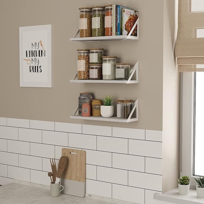 Wallniture Minori Washed White Floating Shelves for Wall Storage, Bathroom Shelves Over The Toilet Storage, Wood Wall Shelf Set of 3 with White Brackets