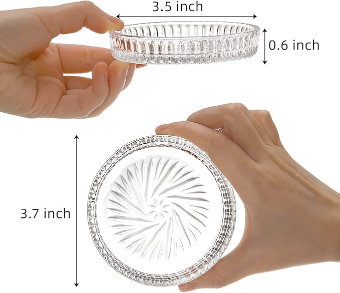 AVLA 8 Pack Crystal Drink Coasters, Glass Round Cup Mat, Clear Decorative Wine Bottle Coasters Barware Set for Table Protection of Home Kitchen, Dining Room, Patio, Coffee Shop, 3.75", Carved Design