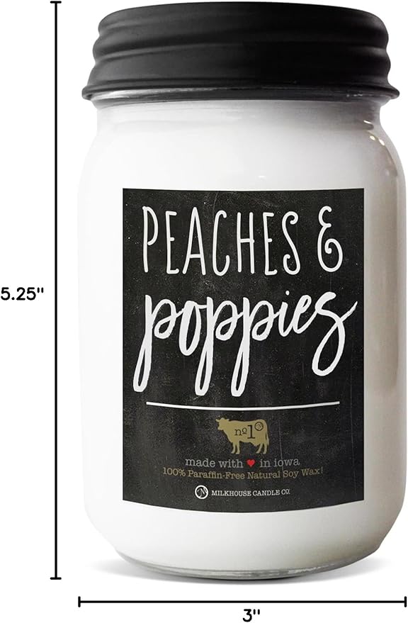 Milkhouse Candle Company, Peaches & Poppies, Farmhouse Collection, Scented Soy Candle, Mason Jar Candle, 13 Ounce