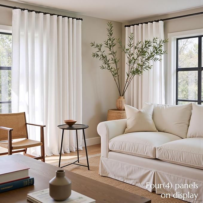 jinchan Linen Curtains 50W x 90L Inch Off White for Living Room Farmhouse Curtains Clip Rings Back Tab Rod Pocket Drapes 4-Panel Set