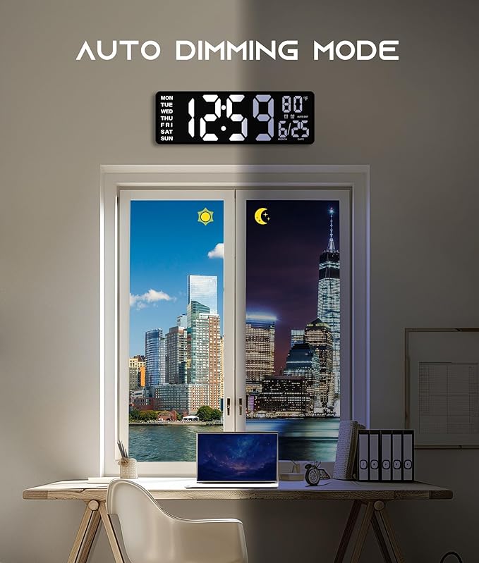 16.5" Large Digital Wall Clock with Remote Control, RGB Atmosphere Lights with 11 Scenes Mode, Dual Alarms with Big LED Display, Auto DST, Temperature for Living Room Gaming