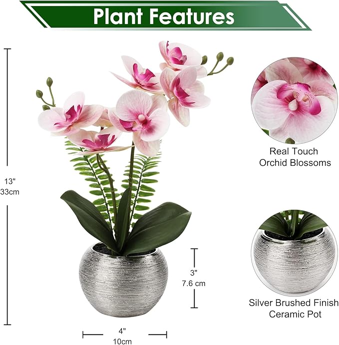 Briful Fake Orchid Fake Flowers 13'' Pink Orchids Artificial Flowers with Silver Ceramic Vase Faux Orchid for Home Office Decor Indoor