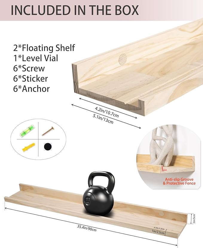 36 Inch Natural Wood Floating Shelves, Wide Picture Ledge Shelf Wall Mounted for Picture Frames 5.1 Inch Wide Decorative Ledge Set of 2 with Front Lip for Bedroom Living Room Bathroom Kitchen Nursery