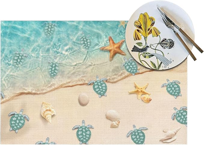 Sea Turtles Beach Placemats Set of 4 Linen Washable Non-Slip Heat-Resistant Teal Nautical Decorative Kitchen Table Mats for Dining Outdoor Home Decor 12x18 Inch