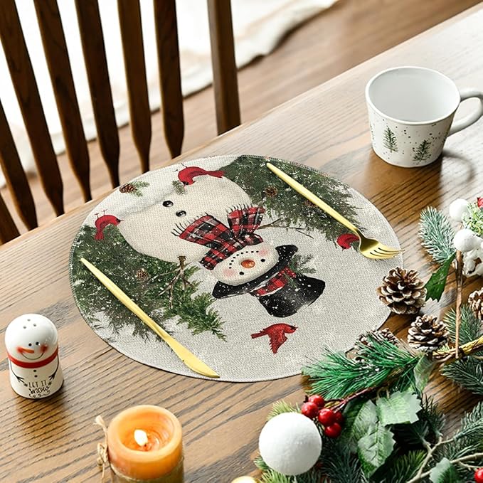 Artoid Mode Snowman Trees Snowflakes Christmas Round Placemats Set of 4, 14 Inch Grey Winter Round Table Mats for Dining Decoration