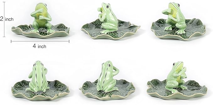 Tiny 2" High Light Green Frog On 4" Wide Lotus Leaf Incense Holder - Ceramic Incense Stick Tray Porcelain Miniature Handmade Animals Figurine Display Cute Mini Colorful Décor Gift