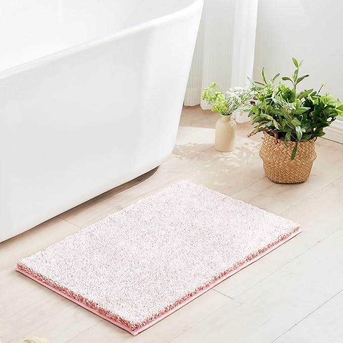 Douceur Pink Bathroom Rugs Non Slip, Luxury Thick Plush Shaggy Bath Mats Washable, Fluffy Absorbent Bath Rugs for Bathroom, Quick Dry Shower Mat Gifts, 24" x 16"