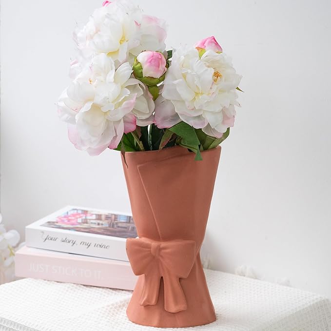 Pink Ceramic Bow Vase 9.64 in Unique Cute Modern Decorative Bouquet Flower Vases for Home Living Room Table Decor Women Girl Gifts