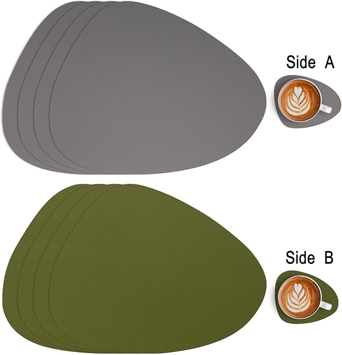 Myir JUN Placemats, Dual-Sided Placemats Waterproof Faux Leather Placemats Set of 6 Place Mats and Coasters Non-Slip Washable Table Mats for Dining Table (Gray Green, Set of 6)