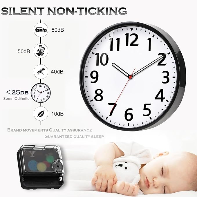 Wall Clock Silent & Non Ticking Modern Quartz Battery Operated Digital Quiet Sweep Office/Home/School/Kitchen Decor Clocks 9 Inch Black