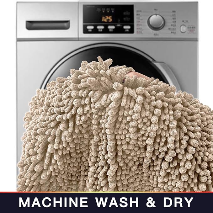 Walensee Bathroom Contour Rug Non Slip Toilet U Shaped Bath Mat (20x24, Beige) Water Absorbent Super Soft Shaggy Chenille Machine Washable Dry Extra Thick Perfect Absorbant Best Plush Carpet