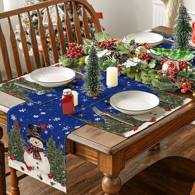 Artoid Mode Blue Snowman Trees Bird Christmas Placemats Set of 6, 12x18 Inch Seasonal Winter Table Mats for Party Kitchen Dining Decoration