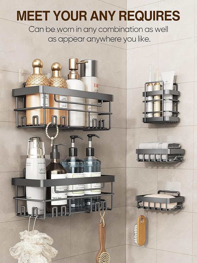 Cobbe Adhesive Shower Caddy 5-Pack, Large Wall Mounted Shower Shelves Rack, Organizer Storage Accessories with Soap Dish&Toothbrush Holder, Shelves for Bathroom Storage & Home Kitchen Decor, Gray