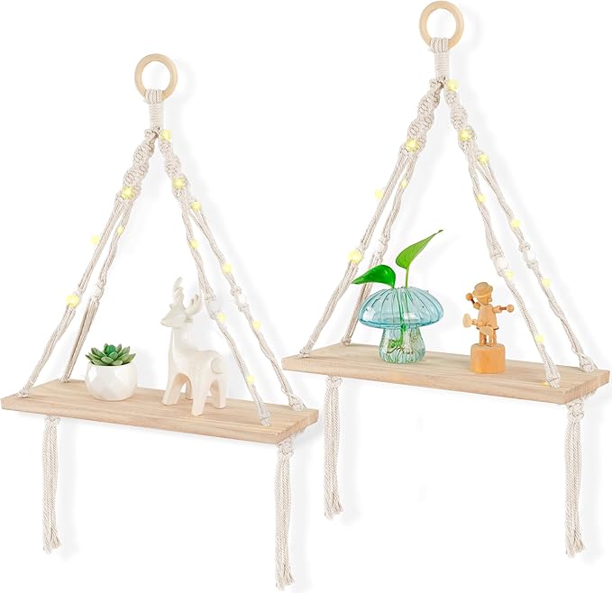 HOSROOME Boho Macrame Hanging Shelves with Floating Design, Perfect for Bedroom, Living Room, Bathroom or Nursery Wall Shelves, White