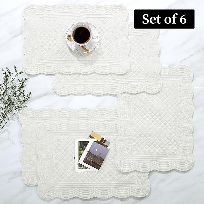 HOMBYS Quilted Placemats Set of 6 Washable-13x18 inches Rectangular Placemats for Kitchen Table-100% Cotton Fabric Rectangular Table Mats, (Cream White)