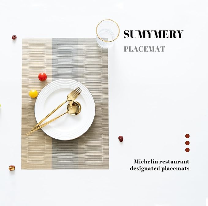 Placemats Set of 12 Vinyl/Plastic Woven Place Mats for Kitchen Table Indoor/Outdoor Washable Placemat Wipeable Dining Table Mats (Ombre Glod,12)
