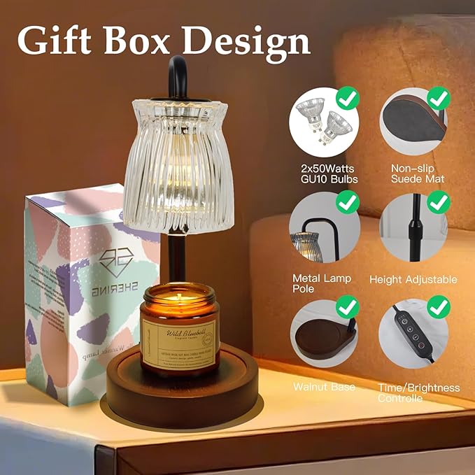 Shering Candle Warmer Lamp with Timer Dimmable, Adjustable Height Candle Light Warmer with Gift Box, Birthday Gifts for Women Mom, House Warming Gifts New Home Decor, Wax Warmer Lamp with 2 Bulbs