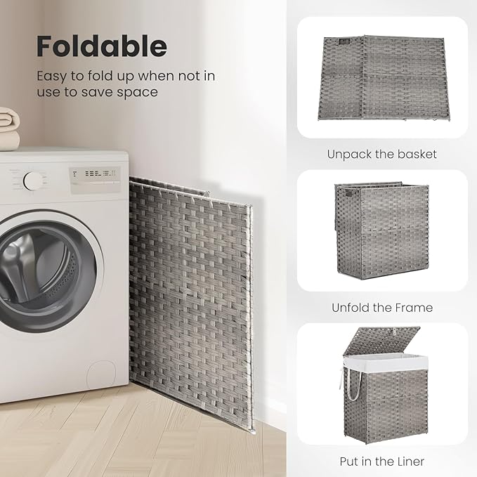 Sweetcrispy Foldable Laundry Hamper–Large Capacity Clothes Basket with Lid, 29.1 Gallon (110L) Bin for Bedroom, Bathroom, and Wash Room–Double Insert Storage Organizer, Dove Gray