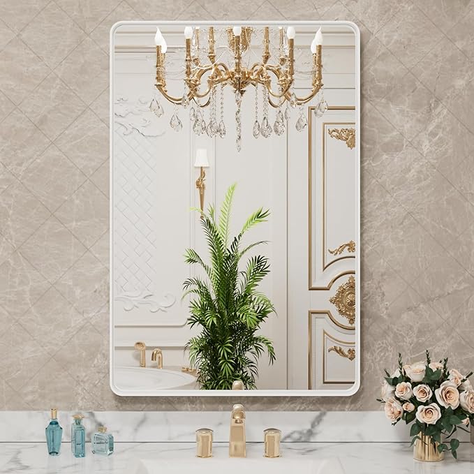 LOAAO 24x32 Inch White Metal Framed Bathroom Mirror for Wall, White Bathroom Vanity Mirror Farmhouse, Large Rounded Rectangle Mirror, Anti-Rust, Hangs Horizontally or Vertically