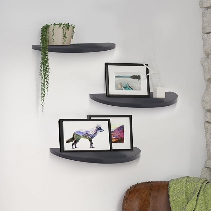 Small Floating Plant Shelves Set of 2 - Rustic Wood Half Circle Shelves for Bedroom Living Room Bathroom Kitchen Office (Black)