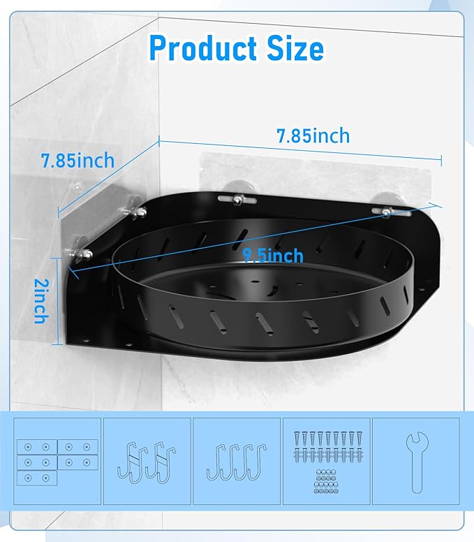 360°Rotating Corner Shower Caddy Shelf With 6 Hooks,2PACK Bathroom Shower Organizer Corner with 5Pcs Adhesive,Stainless Steel Corner Shower Racks for Inside Shower for Home Apartment Decor(Black)