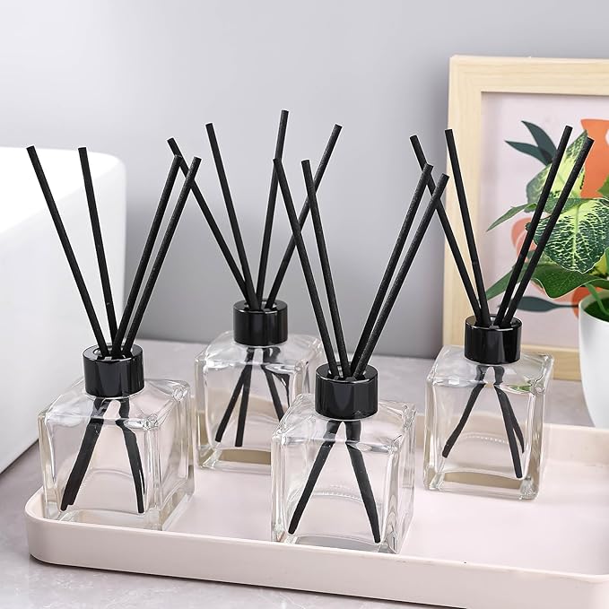 frangrance Glass Diffuser Bottles Diffuser Jars with Black Color caps and Reed Sticks Set of 4 pcs 150ml Fragrance Accessories use for DIY Replacement Reed Diffuser Sets