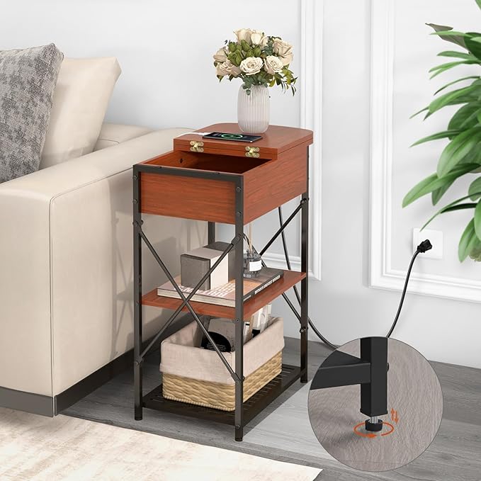 Narrow Side Table with Charging Station, End Tables Set of 2 for Small Spaces, Flip Top End Table with Storage, Side Tables Set 2 Living Room, Nightstand with Drawer for Bedroom, Cherry