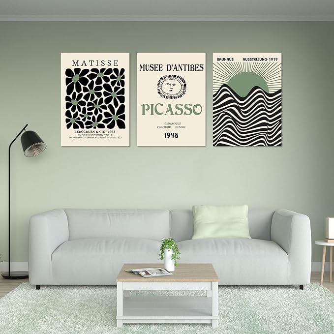 Sage Green Wall Posters & Prints, Green Matisse Wall Art Set of 3, Abstract Matisse Framed Wall Art Decor, Minimalist Geometric Line Green Canvas Artwork Paintings for Living Room, Bedroom, Office