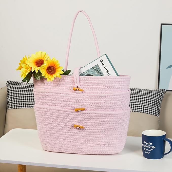 DULLEMELO Hanging Wall Basket for Wall Decor | Pink Woven Storage Basket with Button Strap | 3-Tier Hanging Baskets for Organizing | Hanging Kitchen Baskets