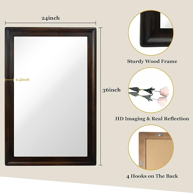 CULER Rustic Wood Wall Mirror for Bathroom,Rectangle 24 x 36 inch Hanging Black Mirrors with Wooden Frame for Living Room,Bedroom,Entryway(Dark Walnut)
