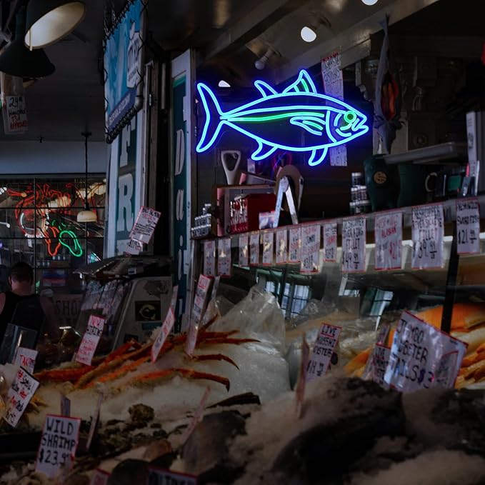 Tuna Neon Sign Blue Green Fish Neon Lights Signs for Wall Decor Dimmable Led Signs for Bedroom Living Room Restaurant Office Birthday Gifts(16.9’’X9.6’’)