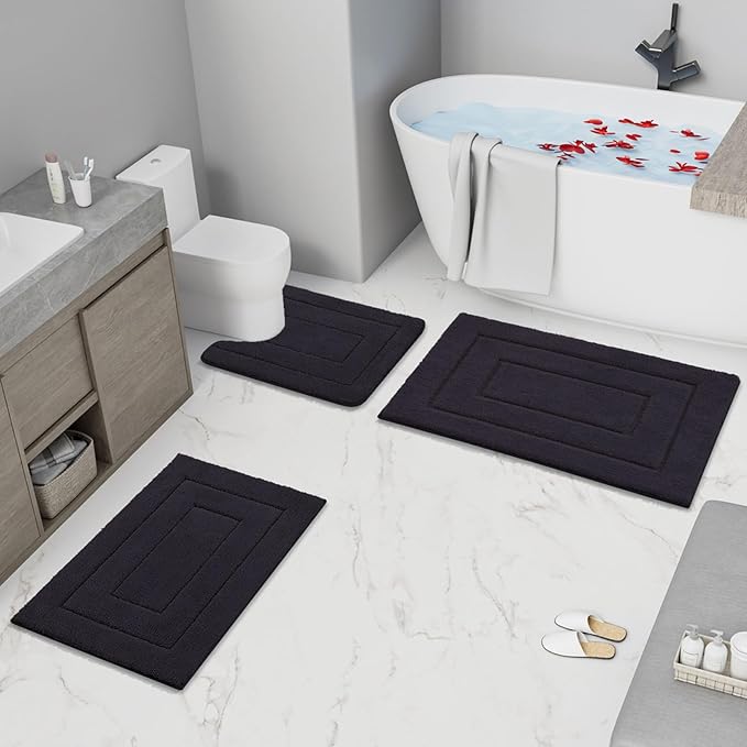 Buganda Bathroom Rugs, 24" x 16", Soft and Absorbent Microfiber Bath Rugs, Non-Slip Shaggy Shower Carpet, Machine Wash Dry Bath Mats for Bathroom Floor, Tub and Shower, Black