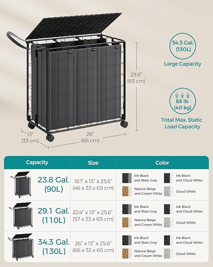 SONGMICS Laundry Hamper, 130L Laundry Basket with Lid, Clothes Hamper with Wheels, Collapsible Removable Liner Bag, Iron-Made Laundry Sorter, Ink Black and Slate Gray ULCB313B11