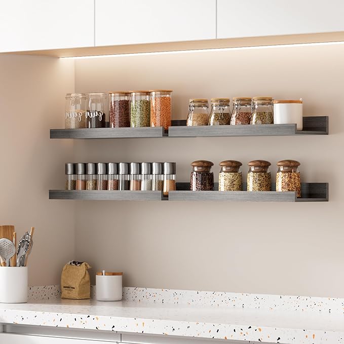 upsimples Floating Shelves for Wall, Wall Shelves for Decor Storage Set of 6, Wall Mounted Wood Shelves for Bedroom, Living Room, Bathroom, Kitchen, Picture Ledge Shelves, Grey