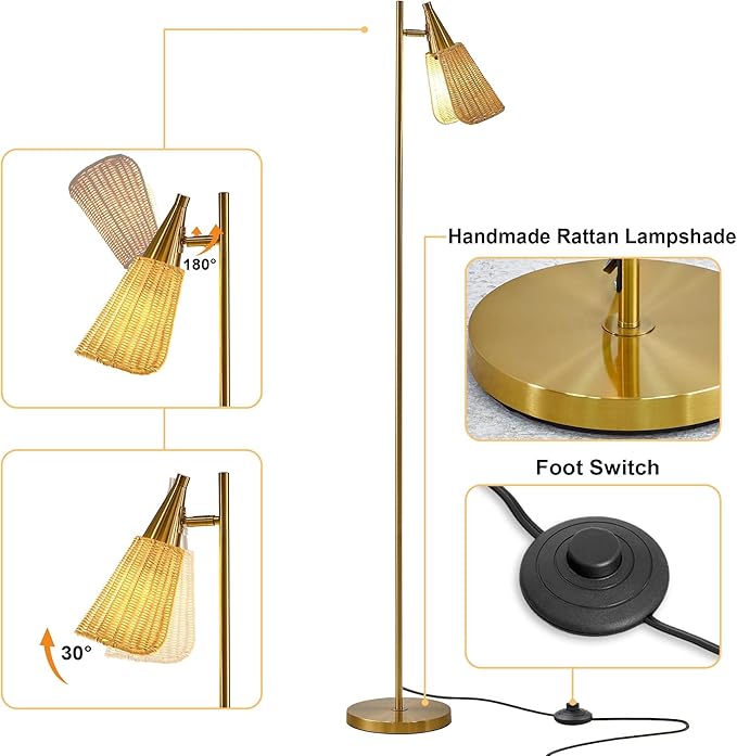 62" Modern Gold Floor Lamp with Foot Switch Standing Lamp Tall Pole Lamps with Metal Heads for Living Rooms, Bedrooms, Home, Office