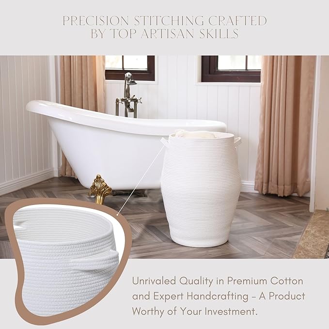 26" x 20" Tall Extra Large Storage Basket with Lid, Cotton Rope Storage Baskets, Woven Laundry Hamper with Cover, Cloth Storage Bin, for Clothes Towels in Living Room, All White