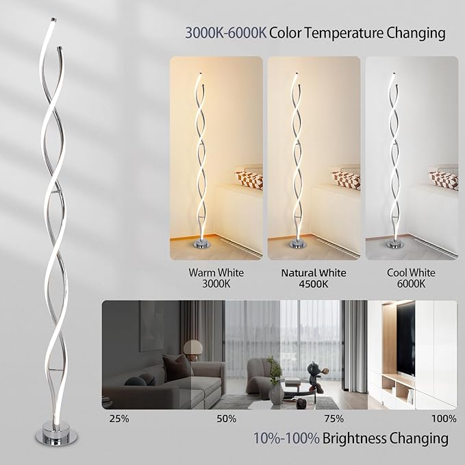 ADISUN 31W Modern Floor Lamp, LED Spiral Floor Lamp for Living Room, 3-Color Dimmable Standing Lamp with Remote Control, 58" Tall Floor Lamps for Living Room Bedroom Office Dining Rooms (Silver)