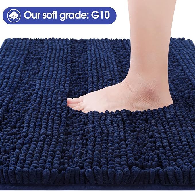 ACCUMTEK Striped Navy Blue Bathroom Rug Mat Set 2 Piece 32"x20"+60"x20" Ultra Soft, Non Slip Chenille Bath Rugs, Absorbent Plush Shaggy Bath Mats for Bathroom, Bedroom, Kitchen, Shower, Tub