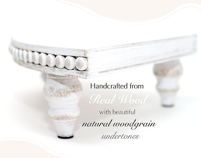 Corner Pedestal Stand Rustic Decor Riser for Display - Farmhouse Wood Rounded Beaded Tray for Kitchen and Bathroom Countertop Organizer, Coffee Bar, Plant Stand with Removable Feet (Rustic White)