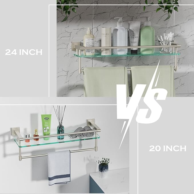 Bathroom Glass Shelf with Towel Bar/Rack 24 inches Wall-Mounted Shelves Tempered Glass Sink Toilet Organizer Shower Towel Decorative Storage (Brushed Nickel, 24IN)